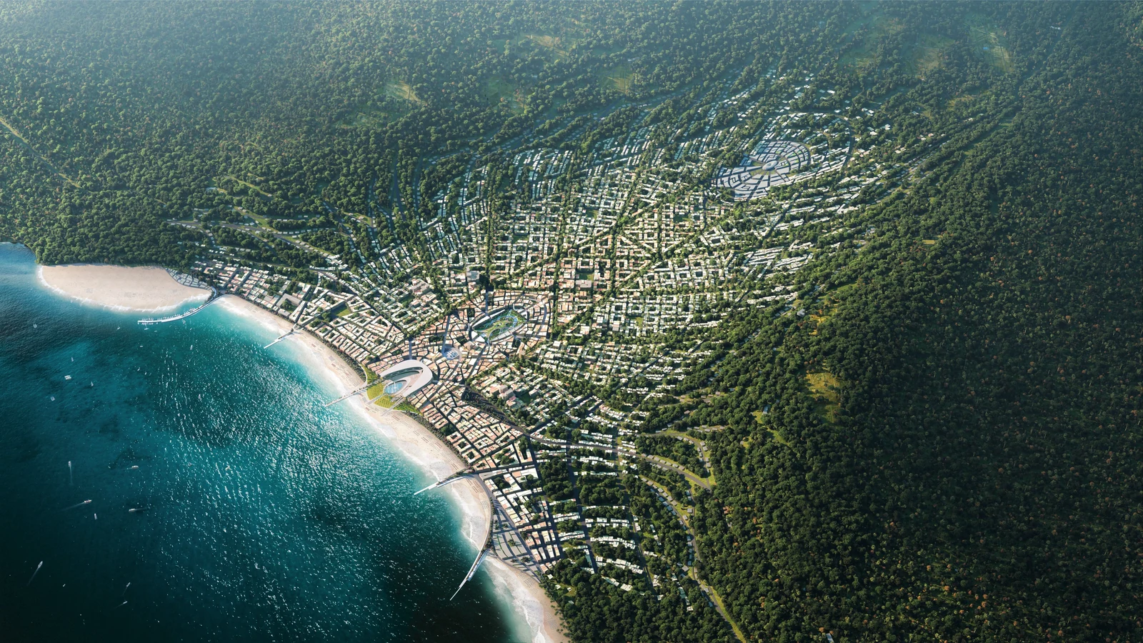 Aerial concept rendering of a coastal city, with white buildings, public spaces, a crescent beach, and forested hills.