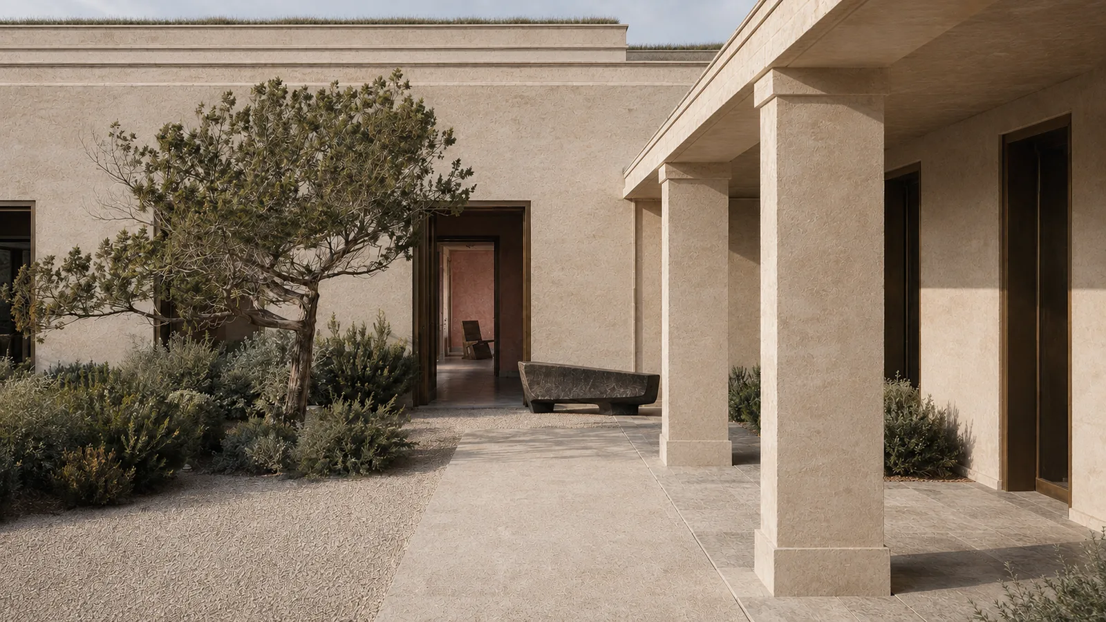Arrival court with a stone colonnade, a pine tree, and a carved stone bench.